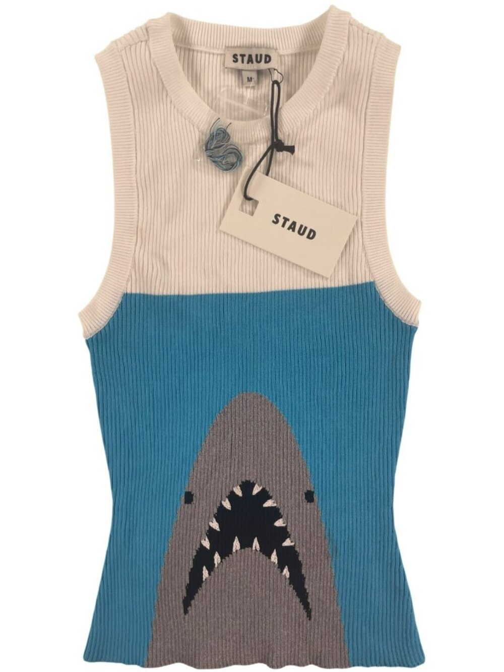 Staud Malia Tank Top Shark Ribbed Knit Sleeveless Blue & White Wmn's Size M NEW - Picture 1 of 6